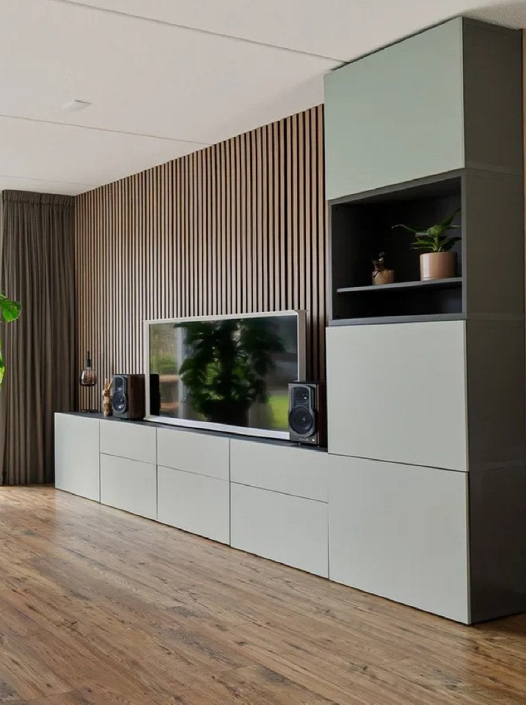IKEA Besta TV Meubel (3m breed) donkergrijs + grijsgroen, Ophalen, Gebruikt, 200 cm of meer, 200 cm of meer