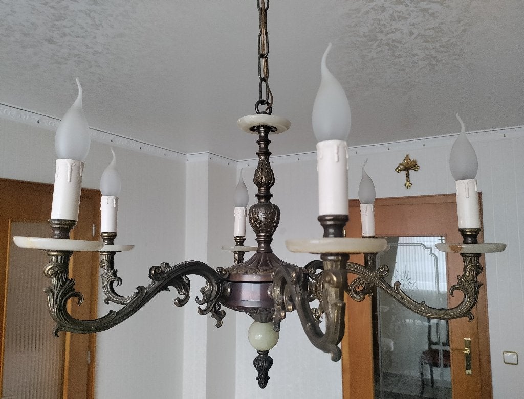 Kroonluchter brons 6 armige vintage plafondlamp lamp, Ophalen, Gebruikt, Metaal, E14 (klein)