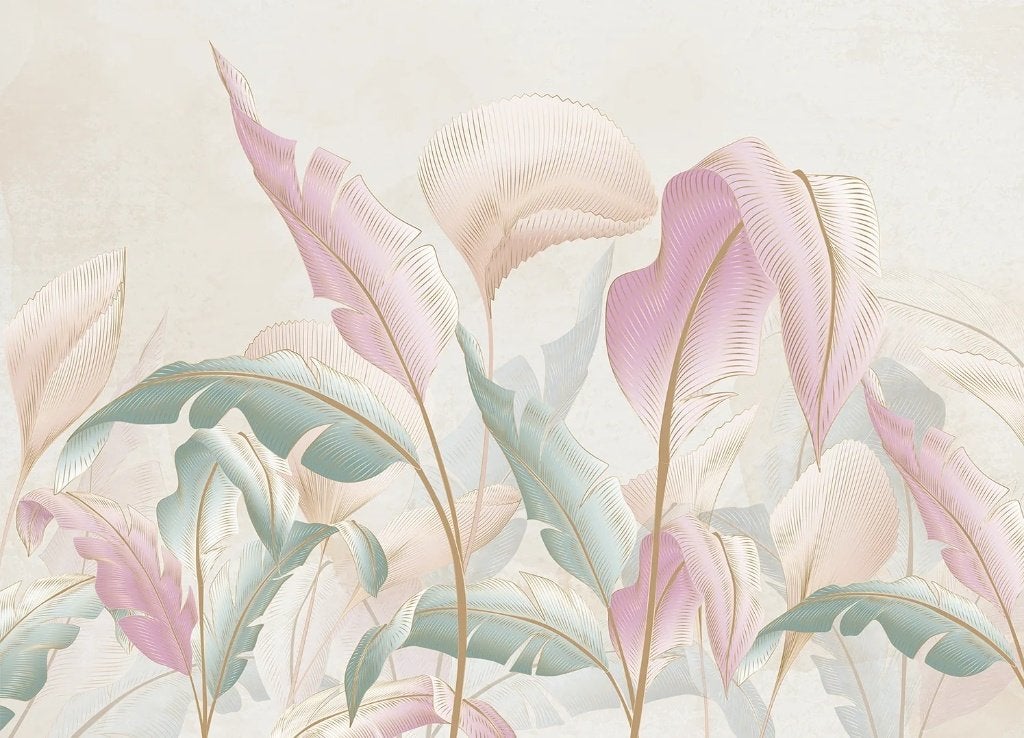 Exotic Leaves fotobehang | 375x270 cm | Muurdeco4kids, Verzenden, Fotobehang, Roze