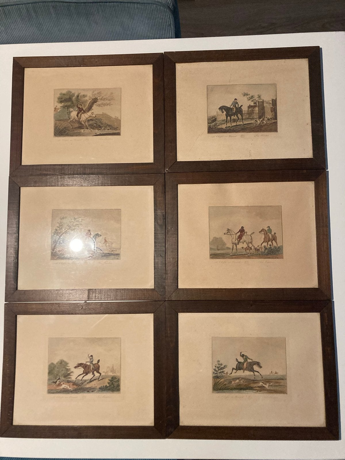 Set van 6 antieke handgekleurde gravures - Jachttaferelen, Antiek en Kunst, Ophalen, Handgekleurd, Dagelijks leven, 1800 - 1899