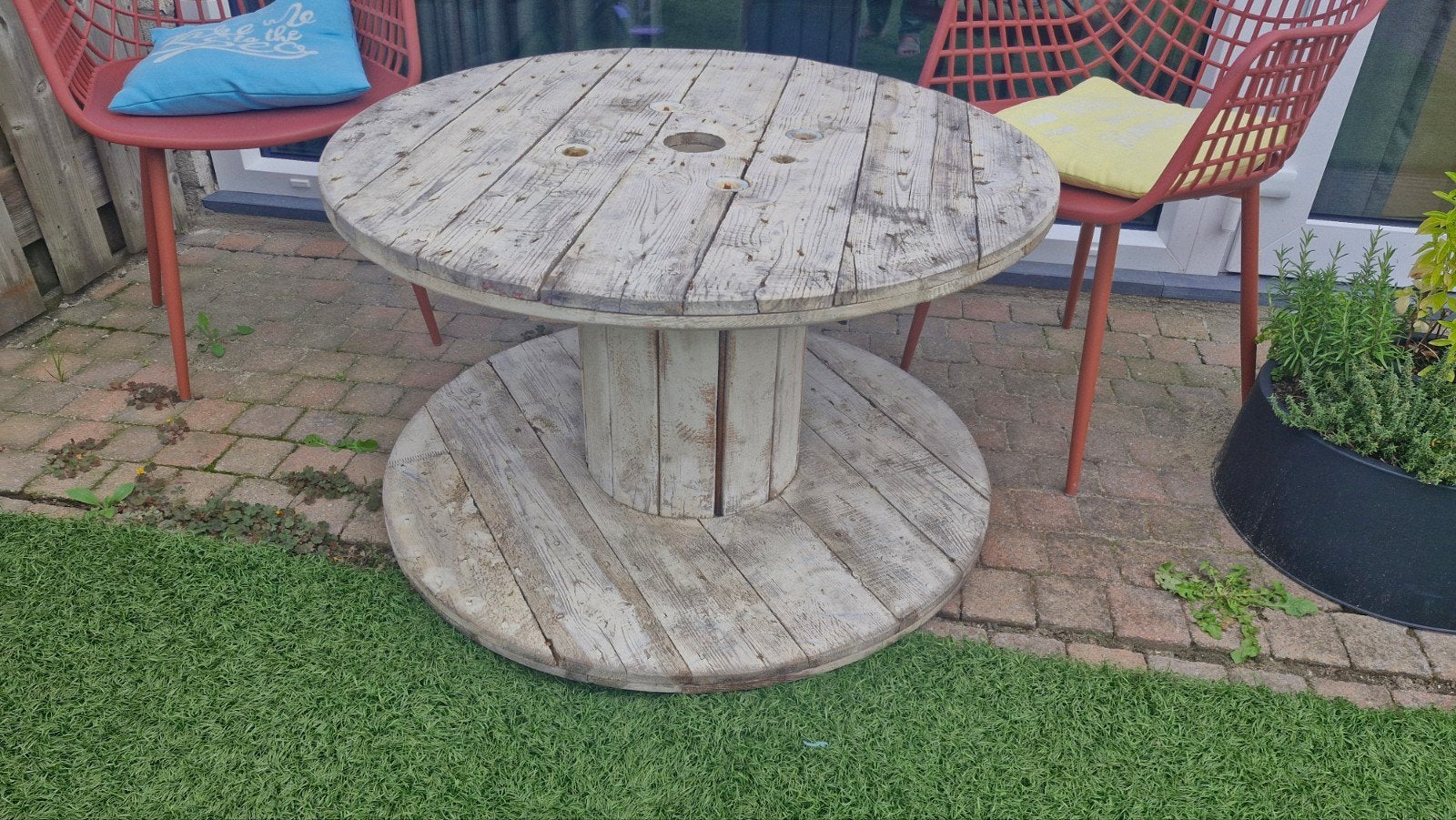 Houten kabelhaspel tafel - industrieel, vintage, robuust, Ophalen of Verzenden, Gebruikt, Rond, Hout