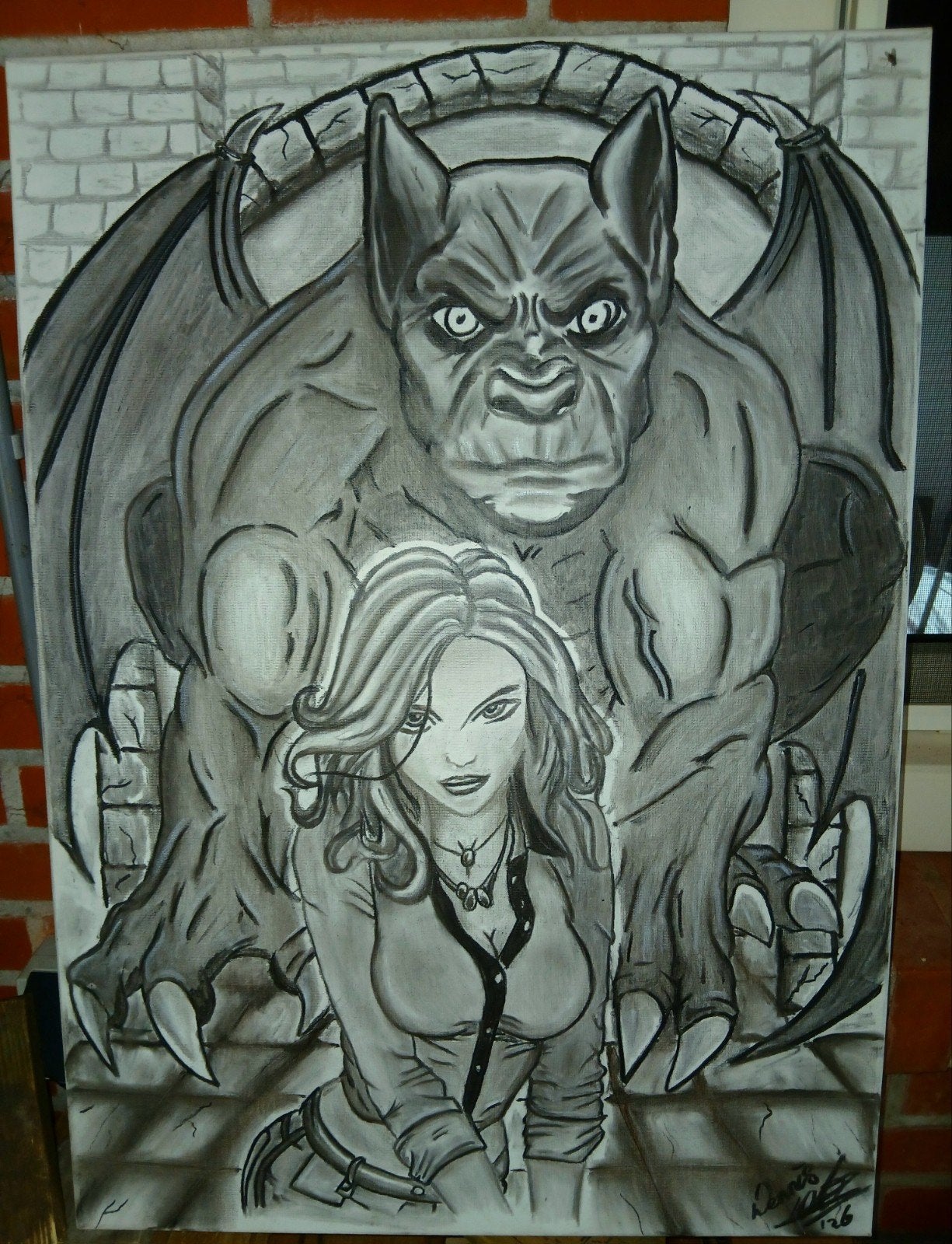Originele canvas houtskooltekening 50x70cm  girl/gargouilles, Ophalen of Verzenden