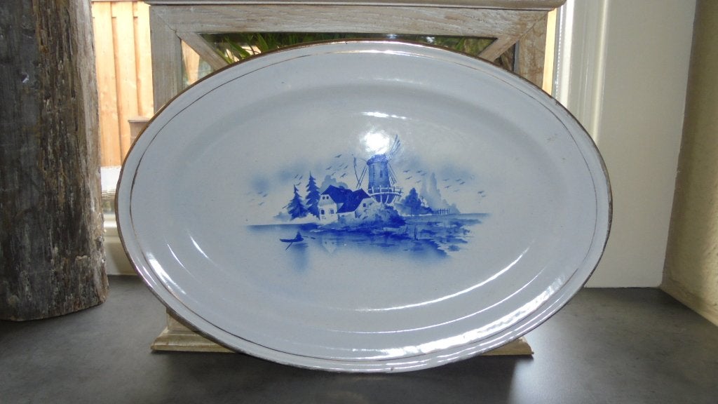 wit/blauw emaille ovalen schaal met biesje 24x36cm, Ophalen of Verzenden