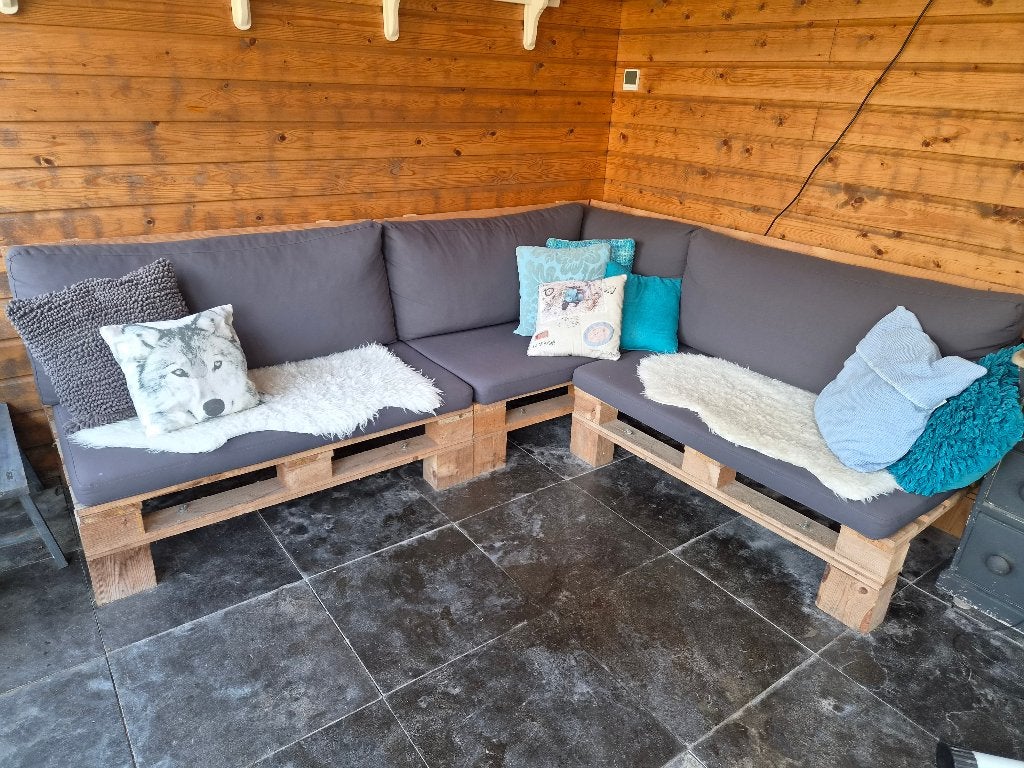 loungeset voor in de tuin of veranda, Ophalen, 5 zitplaatsen, Steigerhout, Zo goed als nieuw