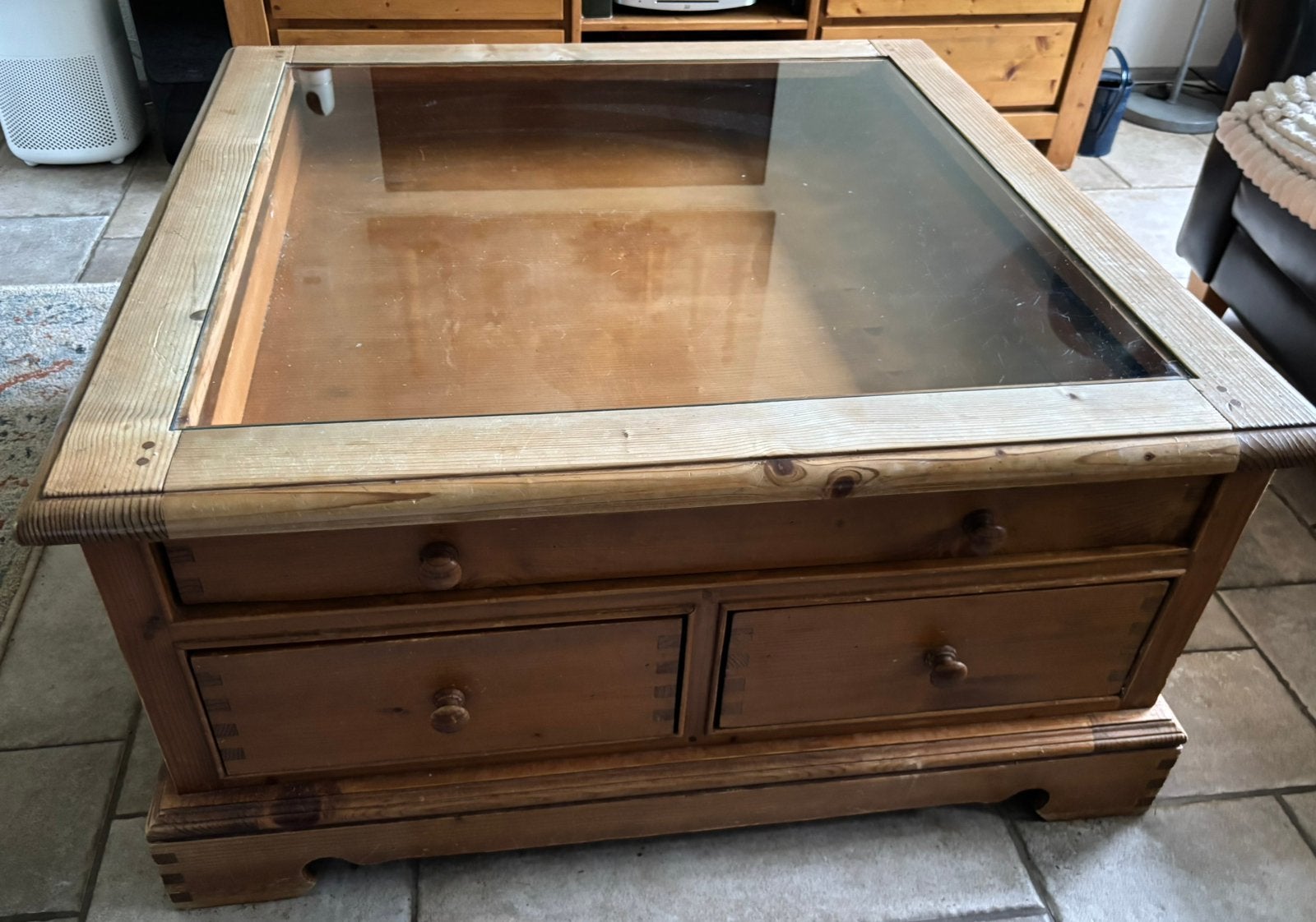 Grenen Salontafel met glasplaat, Ophalen, Gebruikt, 50 tot 100 cm, Vierkant