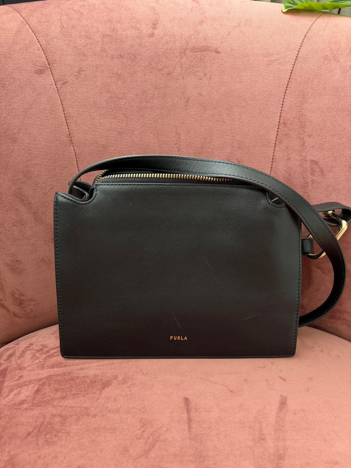 Furla schoudertas zwart leer, Verzenden, Gebruikt, Zwart, Schoudertasje