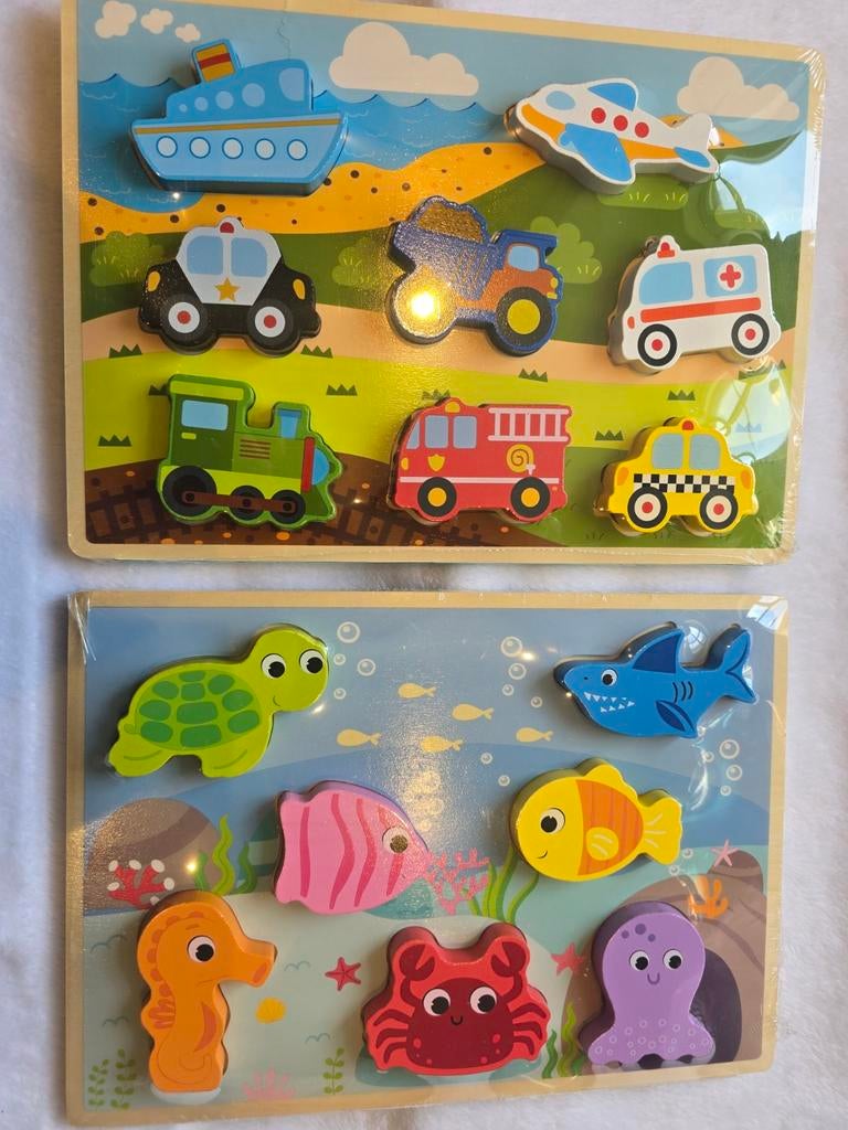 2x Houten Puzzel: Voertuigen & Zeedieren voor Peuters, Ophalen of Verzenden, Nieuw, Overige typen