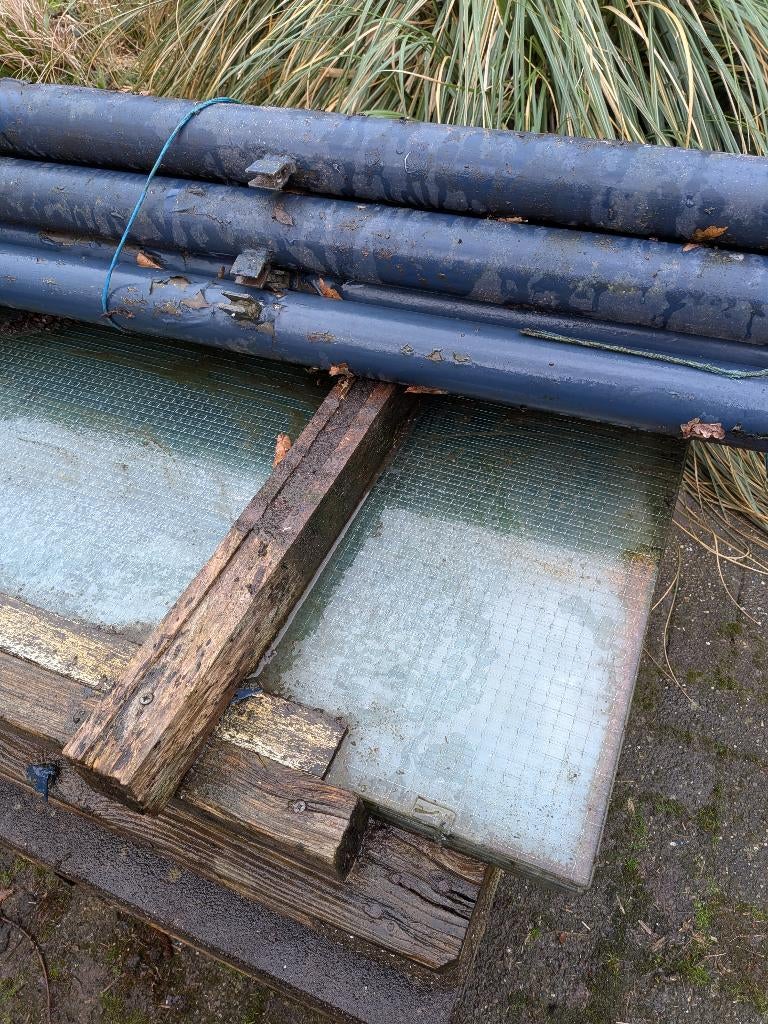 helder draad glazen terras windscherm 7*0.9 mtr H=1.3 mtr, Overige materialen, Gebruikt, 100 tot 150 cm, Ophalen of Verzenden