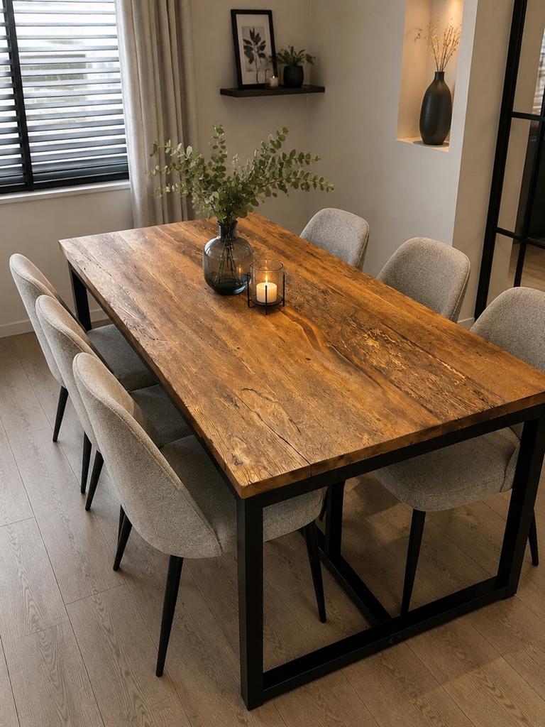 Mooie houten eettafel met zwart metalen onderstel, Huis en Inrichting, Tafels | Eettafels, Ophalen, Eikenhout, 50 tot 100 cm, Zo goed als nieuw