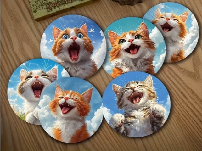 Onderzetters met lachende Katten, Hout, Glasonderzetter, Stapelbaar, Ophalen of Verzenden