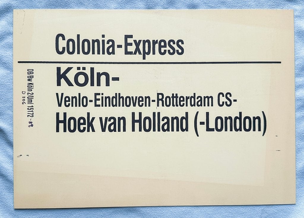 DB Koersbord Colonia-Express London - Hoek v Holland - Köln, Verzamelen, Spoorwegen en Tramwegen, Verzenden, Gebruikt, Trein, Kaart of Prent