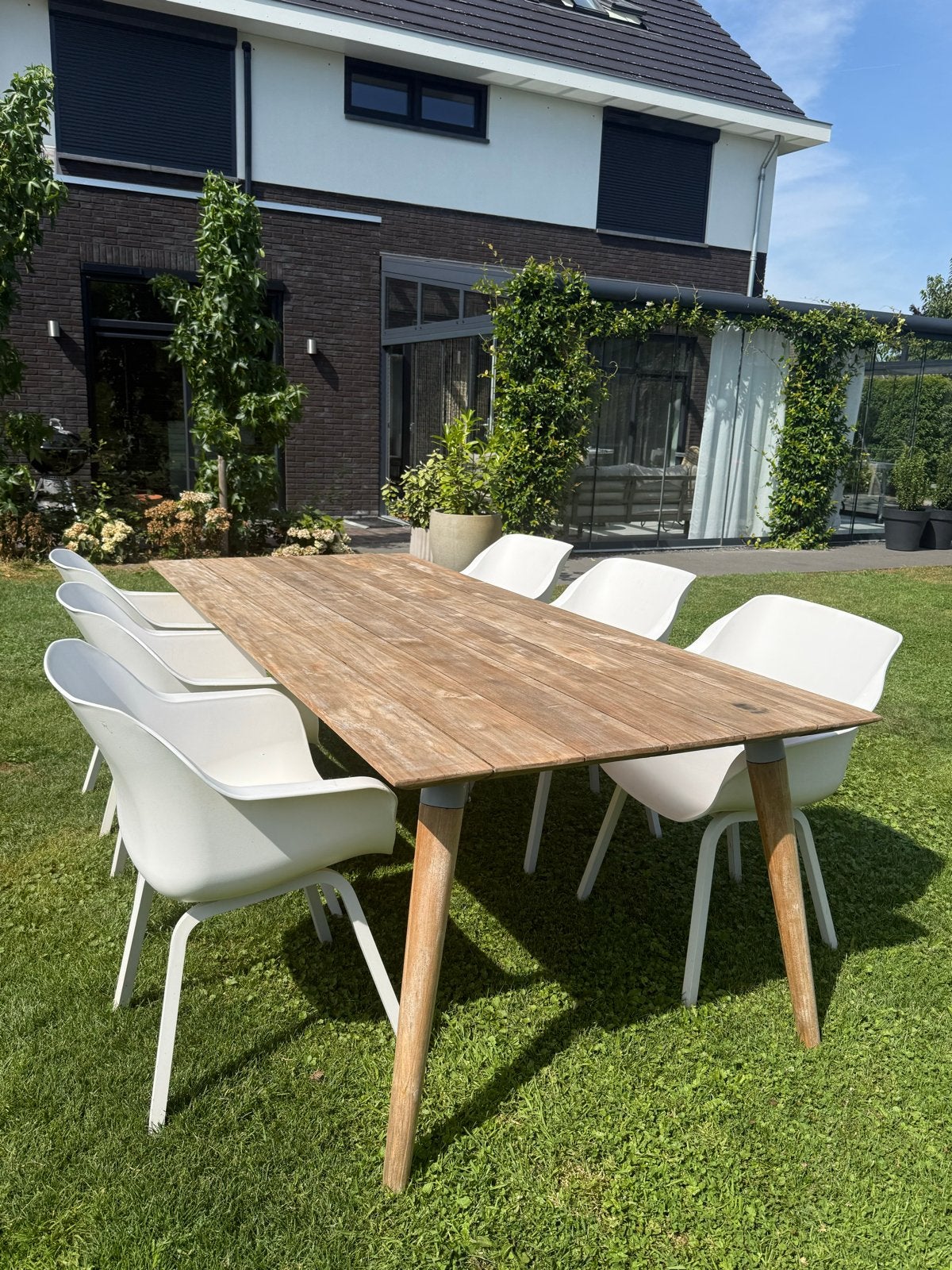 Prachtige houten tuintafel met 6 stoelen, Ophalen, Gebruikt, Rechthoekig, Hout