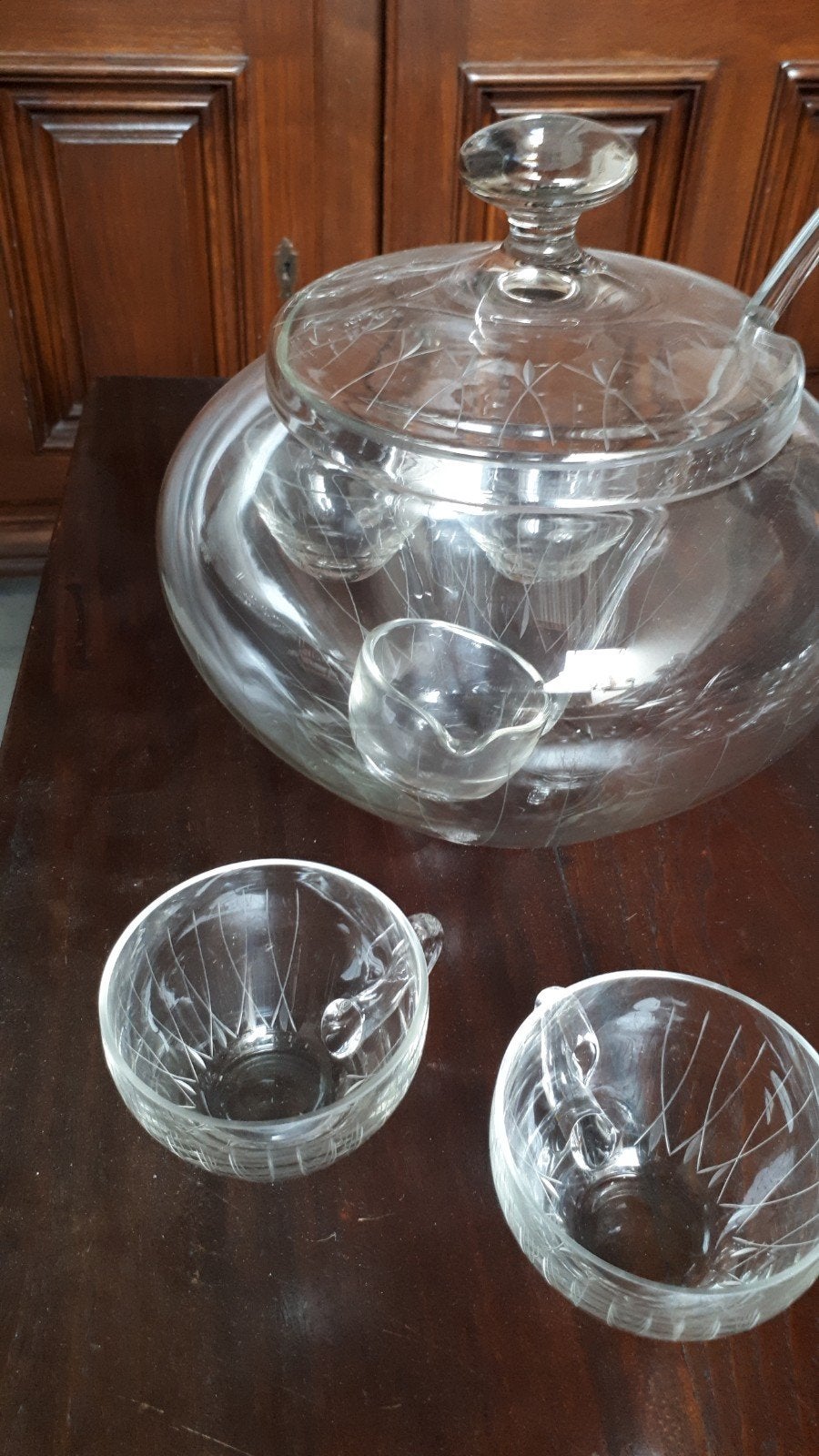 Een zgan glazen  bowl / fruitsalade kom met deksel en 4 glaz, Ophalen of Verzenden