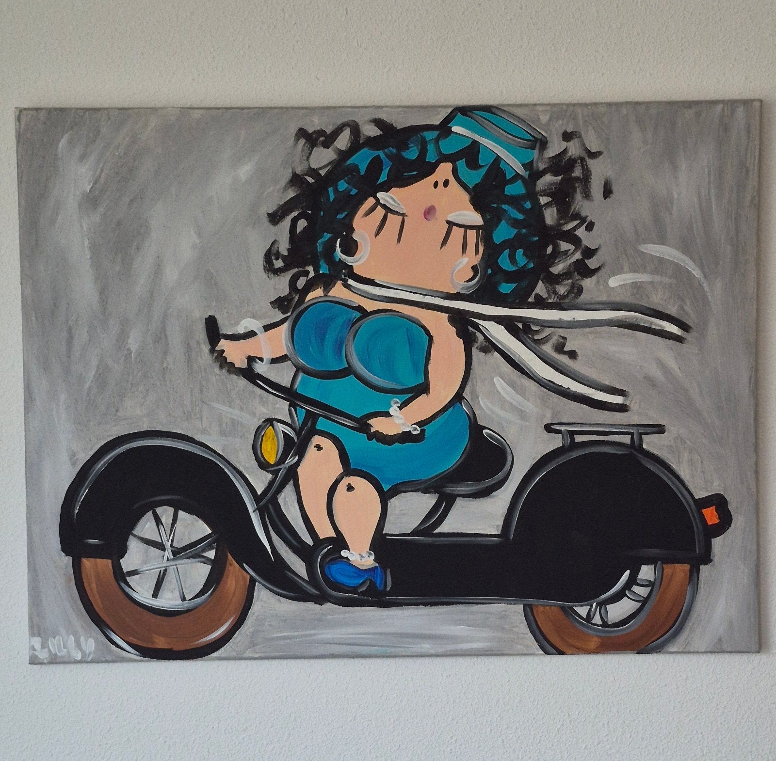 Schilderij dikke dame op fiets 60 x 80 cm, Ophalen