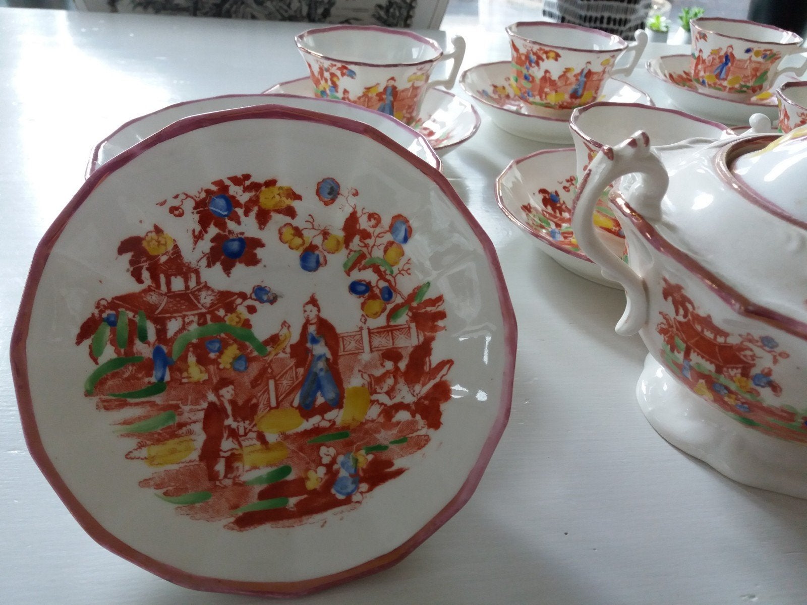 Antiek theeservies met oosters decor - 6 kop en schotels, Antiek en Kunst, Ophalen