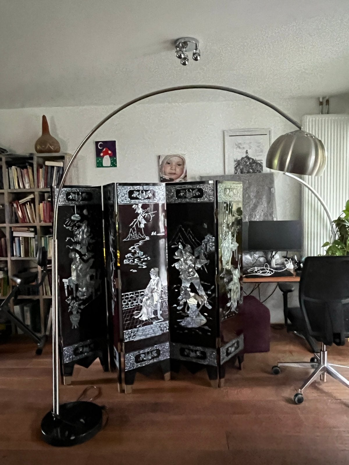 Mooie grote booglamp van geborsteld staal, Ophalen, 200 cm of meer, E27 (groot), Zo goed als nieuw