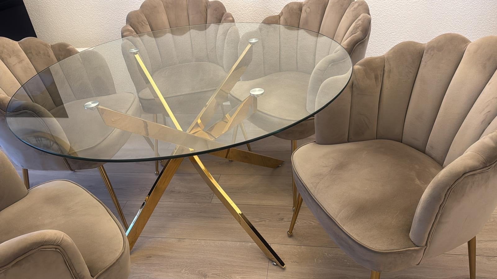 Glazen salontafel met gouden onderstel, Huis en Inrichting, Tafels | Salontafels, Ophalen, 100 tot 150 cm, Rond, 50 tot 100 cm