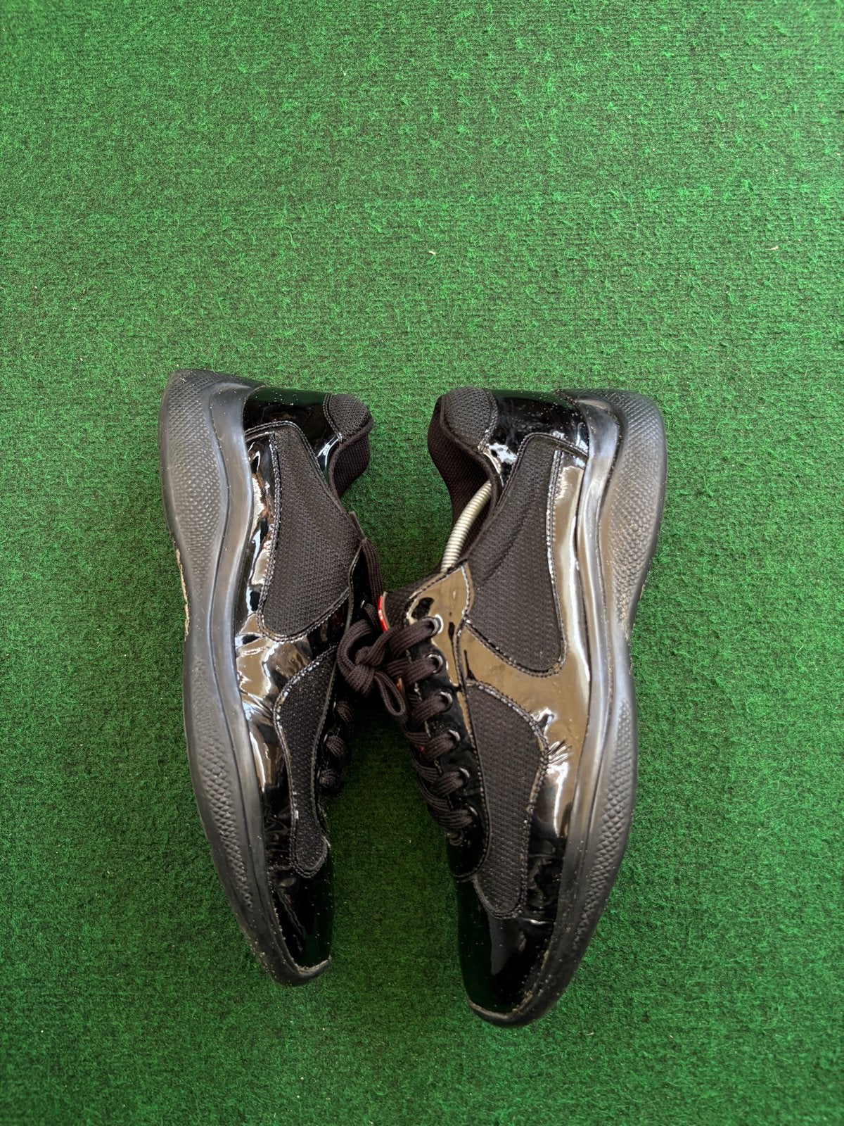 Prada Sneakers Zwart Lakleer en Mesh, Zwart, Ophalen of Verzenden, Sneakers of Gympen, Gedragen