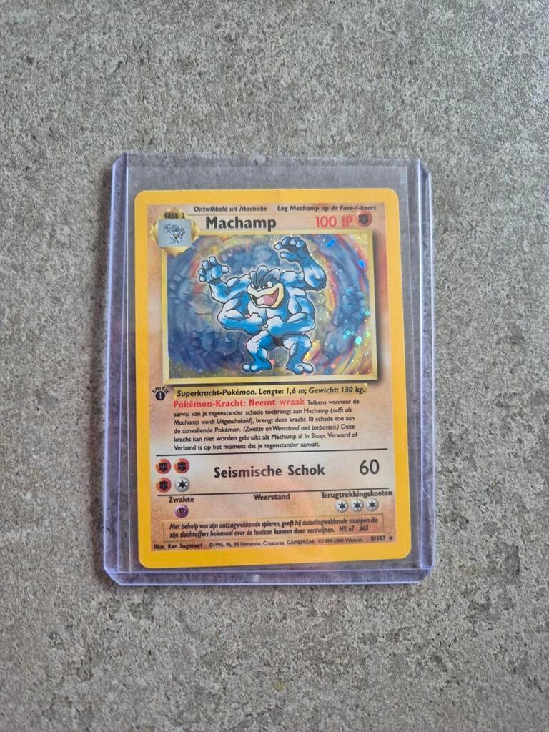 Pokémon Machamp 1e editie Holo - Base Set, Ophalen of Verzenden, Gebruikt, Losse kaart, Foil