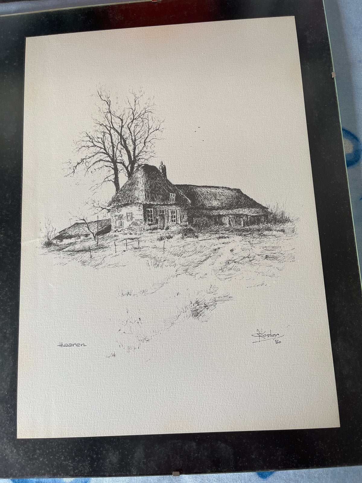 Vintage pentekening 'Haaren' gesigneerd A. Roster '80, Antiek en Kunst, Ophalen of Verzenden, Tekening, Pentekening, Gesigneerd