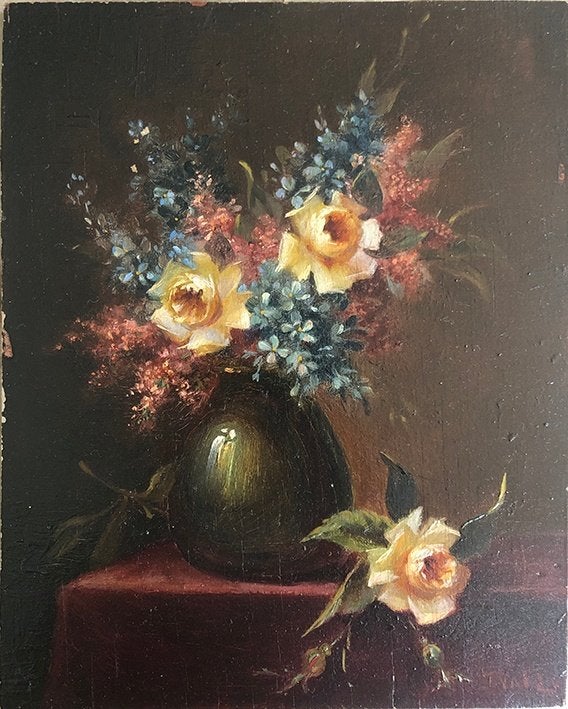 ‘Bloemstilleven’ door T. Valtz, Antiek en Kunst, Bloemen, Paneel, Ophalen of Verzenden, Olieverf