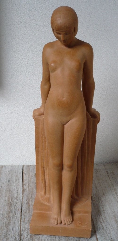 Art nouveau beeld van een staand, naakt vrouwfiguur, Antiek en Kunst, Handgemaakt, Gips, Art nouveau, Ophalen of Verzenden
