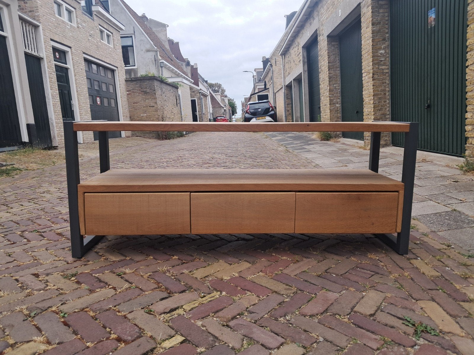 TV-kast licht eiken met stalen ombouw - 150x60x45 cm, Huis en Inrichting, Kasten | Televisiemeubels, Ophalen, Gebruikt, 100 tot 150 cm
