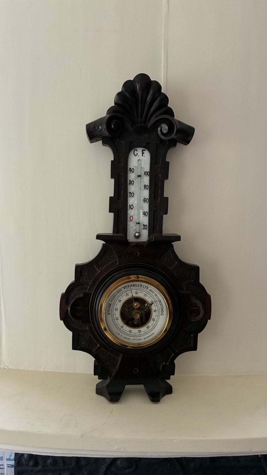 Antieke Barometer met Thermometer - Houtsnijwerk, Ophalen, Gebruikt, Barometer