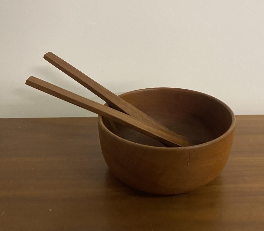 60 jaren teak hout sla kom & bestek fruit schaal snoep bak, Gebruikt, Schaal, Rond, Ophalen of Verzenden