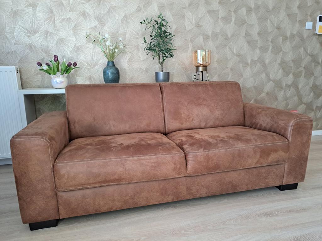 Cognac kleurige microleder 3-zits bank, z.g.a.n., 150 tot 200 cm, Driepersoons, 75 tot 100 cm, Ophalen of Verzenden