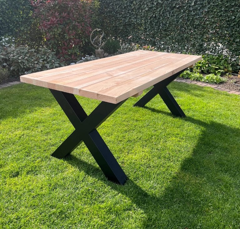 tuintafel met stalen poten - gloednieuw, Tuin en Terras, Ophalen of Verzenden, Nieuw, Rechthoekig, Hout