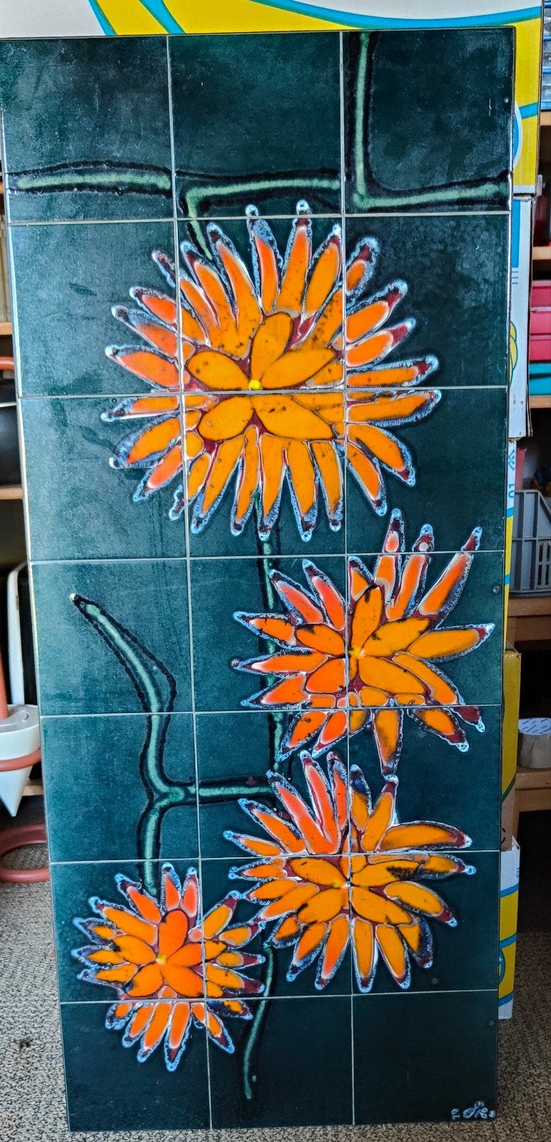 Vintage Adri Tegeltableau met Oranje Bloemen, Antiek en Kunst, Ophalen
