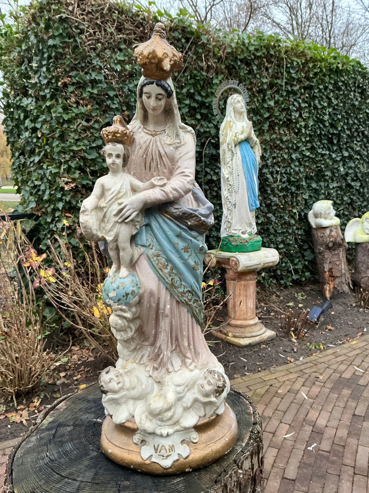 Antiek Gipsen Mariabeeld ❤️ Maria met Kind en Engeltjes, Antiek en Kunst, Antiek | Religie, Ophalen of Verzenden