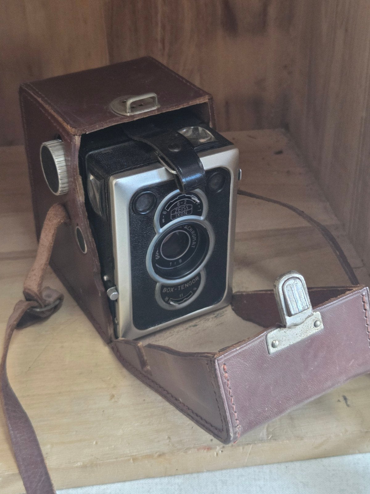 Vintage Zeiss Ikon Box-Tengor camera met leren tas, Ophalen of Verzenden, Gebruikt