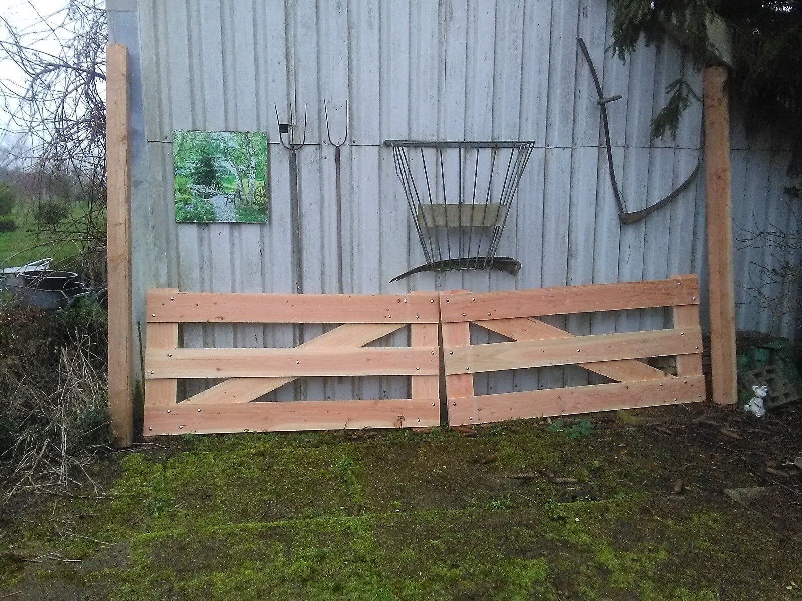 Douglas landhek 4 m met 2 palen en hang en sluitwerk, Ophalen, Nieuw, Hout, Tuinhek