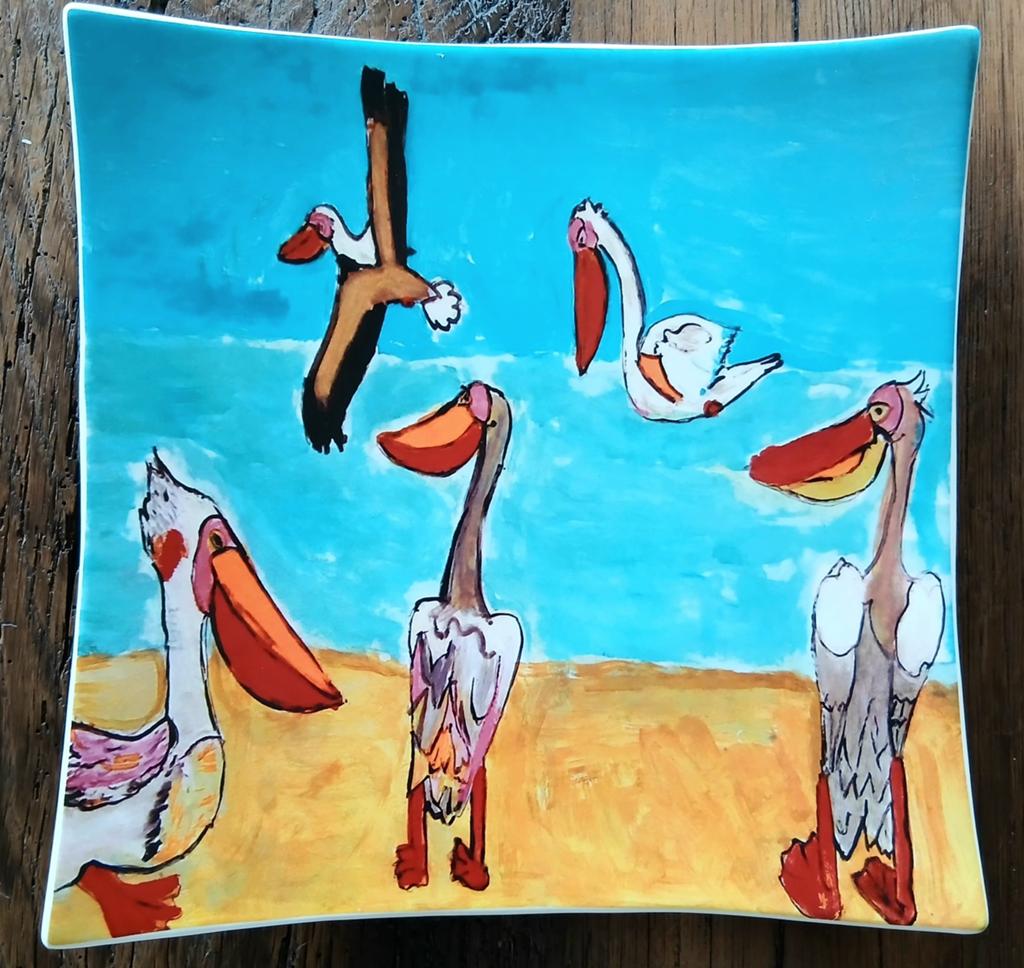 Handbeschilderd wandbord 'Pelikanen' van Ina Hartman., Ophalen of Verzenden