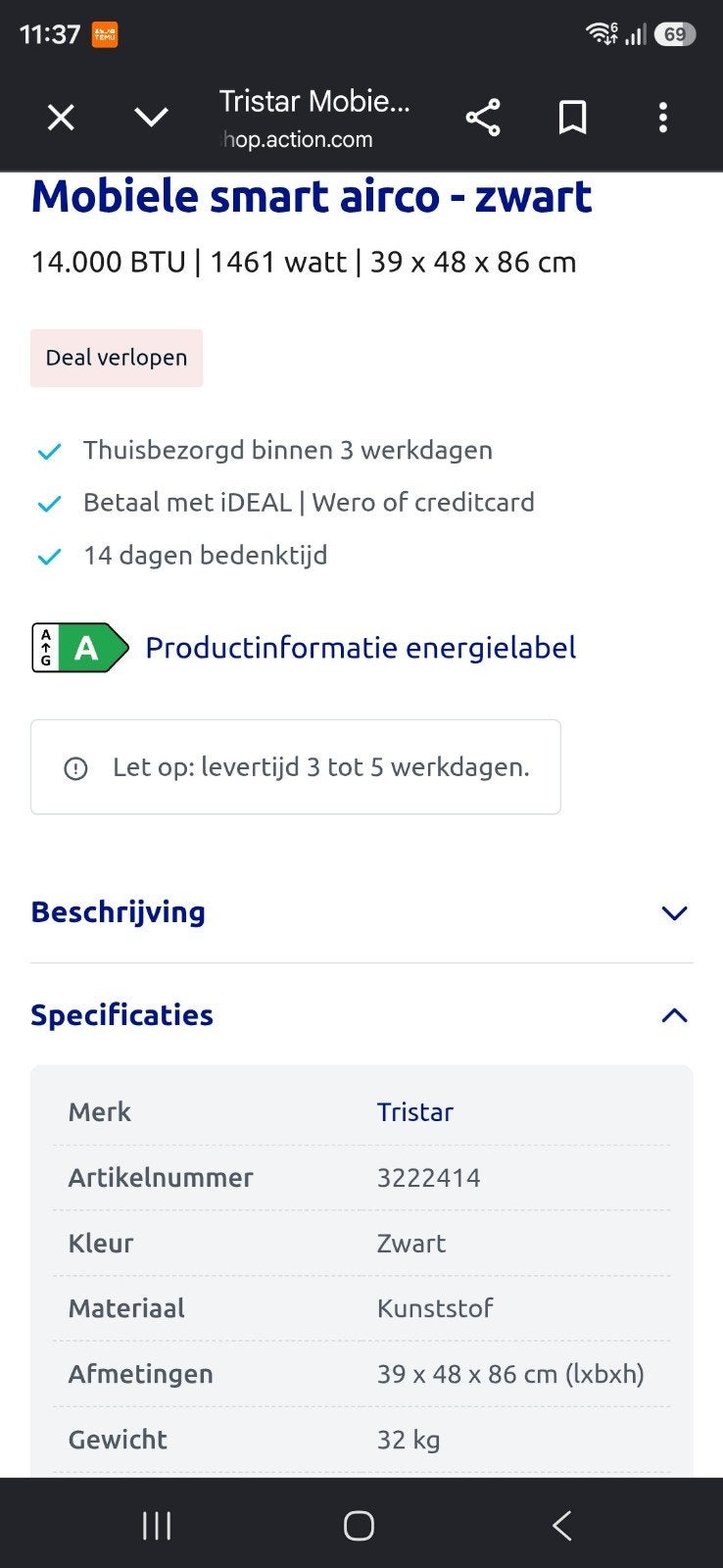 Tristar Mobiele Smart Airco - Zo goed als nieuw, Ophalen