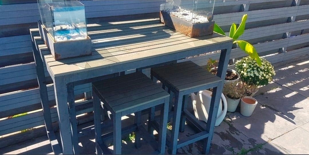 Buiten bartafel met 4krukken, Ophalen of Verzenden, Gebruikt, Rechthoekig, Metaal