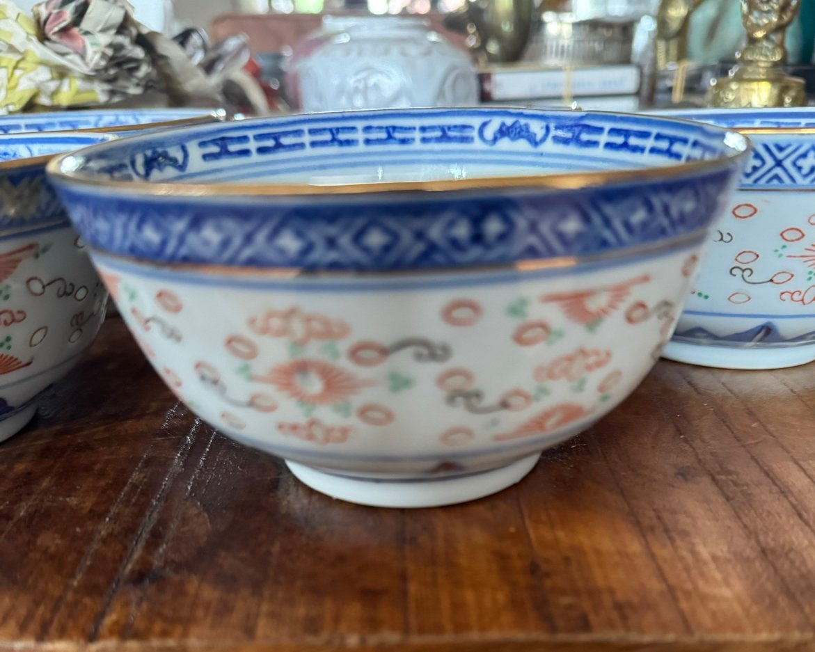 Set van 5 Chinese rijstkommen met blauw-wit decor, Ophalen of Verzenden