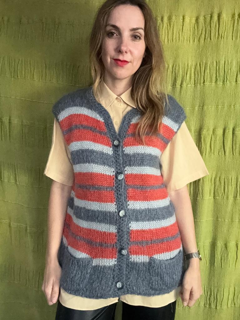 Vintage gebreid gilet - grijs / oranje - 42/XL of oversized, Hgv, Hgv, Maat 42/44 (L), Oranje