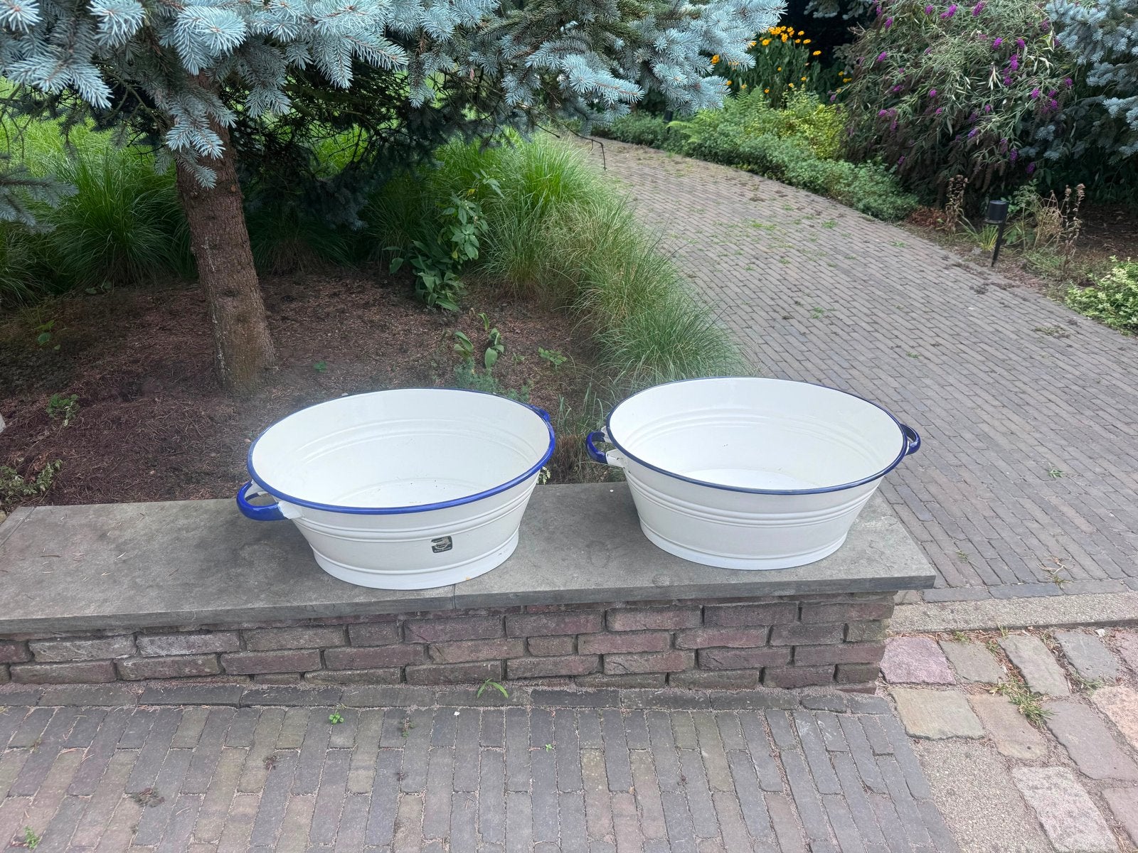 Nieuwe emaille teil/bad/tobbe - Wit met blauwe rand, Antiek en Kunst, Ophalen
