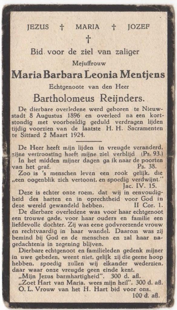 Maria B.L. Mentjens 1896 Nieuwstadt + 1924 Sittard, 27 jaar, Verzenden