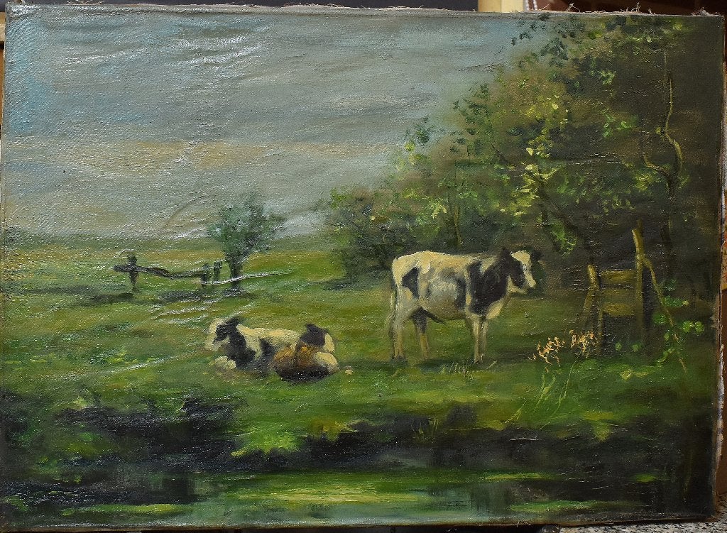 Koeien in de wei==Fedor van Kregten==opknapper., Dieren, Gesigneerd, Olieverf, Klassiek