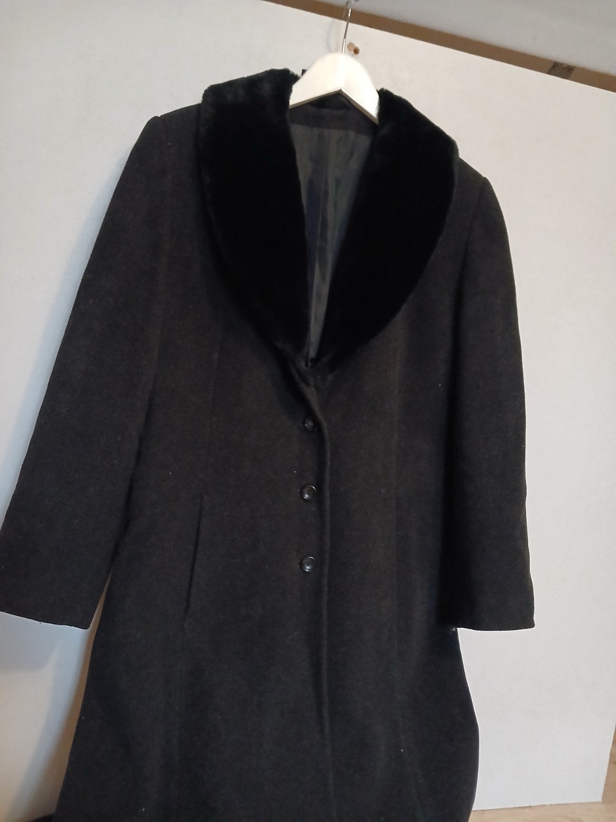 Lange wollen jas met bontkraag, Kleding | Dames, Zwart, Onbekend, Gedragen, Ophalen
