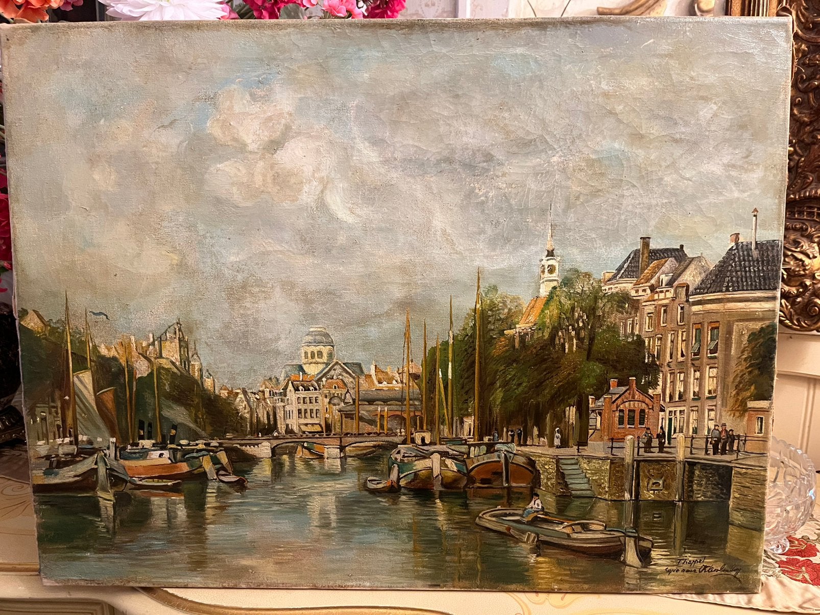 Antiek groot olieverf stadsgezicht schilderij, Ophalen