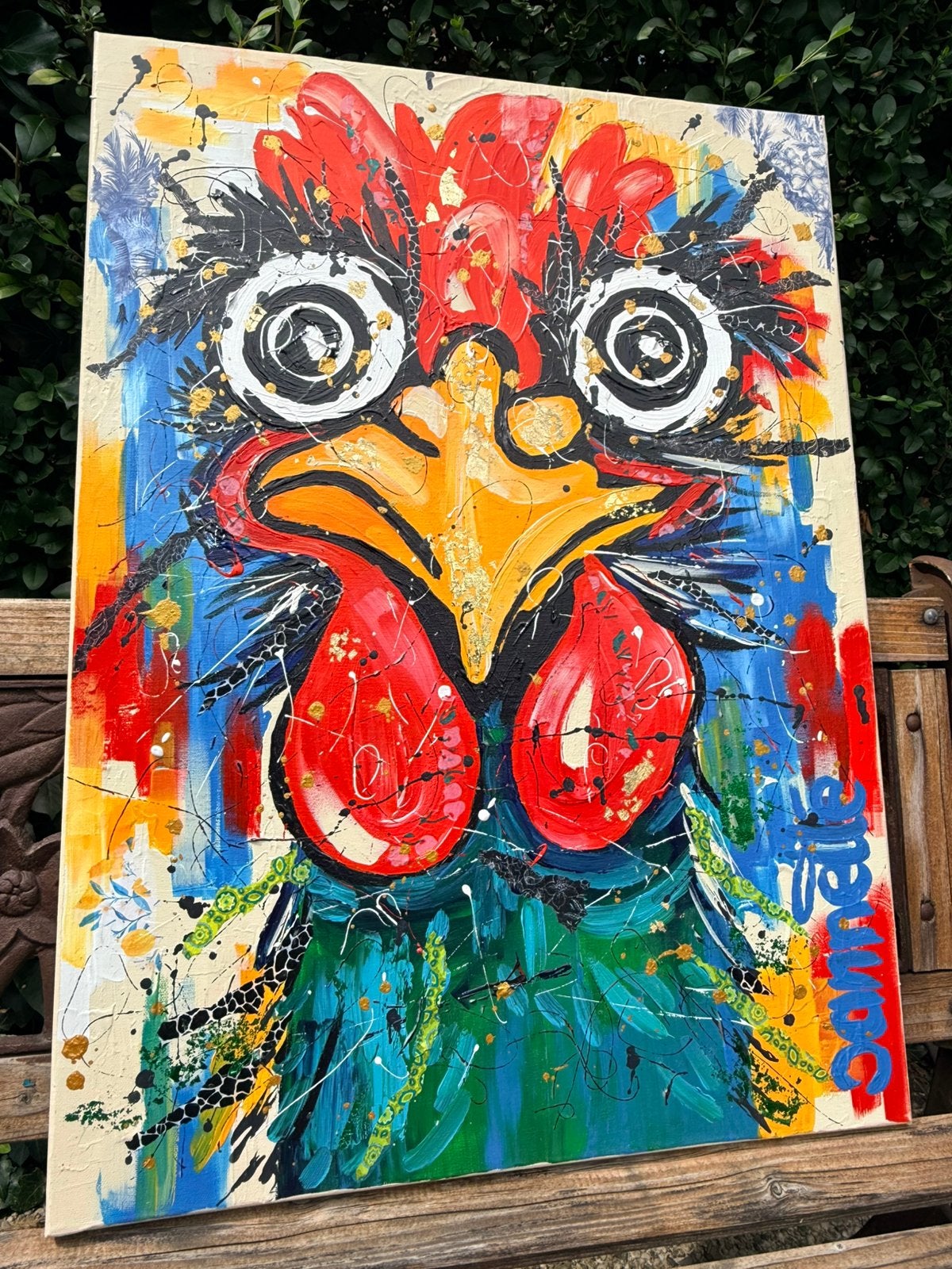 Kleurrijke kip Mixed Media kunst, Antiek en Kunst, Kunst | Schilderijen | Abstract, Ophalen of Verzenden