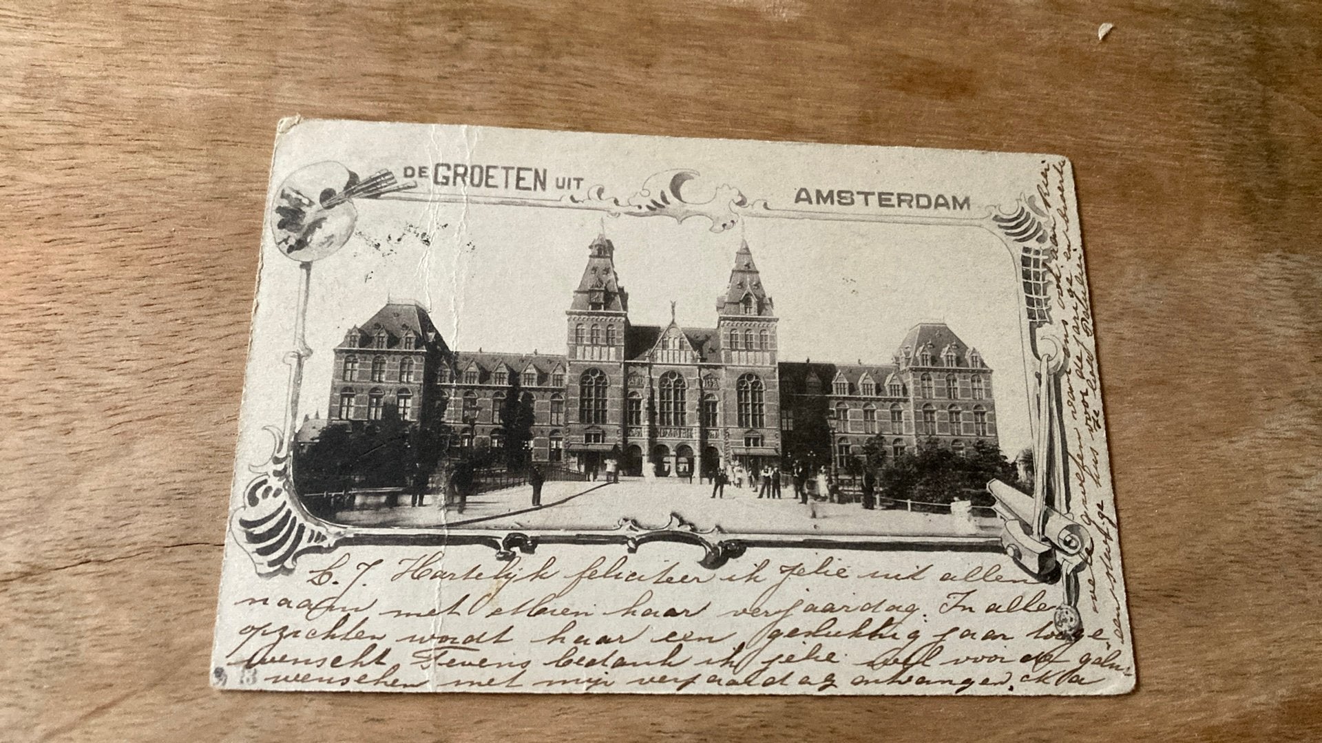 Oude ansichtkaart Groeten uit Amsterdam 1900 fantasie, Ophalen of Verzenden, Voor 1920, Gelopen, Noord-Holland