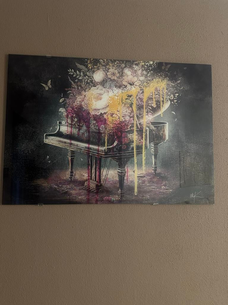 Modern glasschilderij : Piano met bloemen en gouden accenten, Ophalen