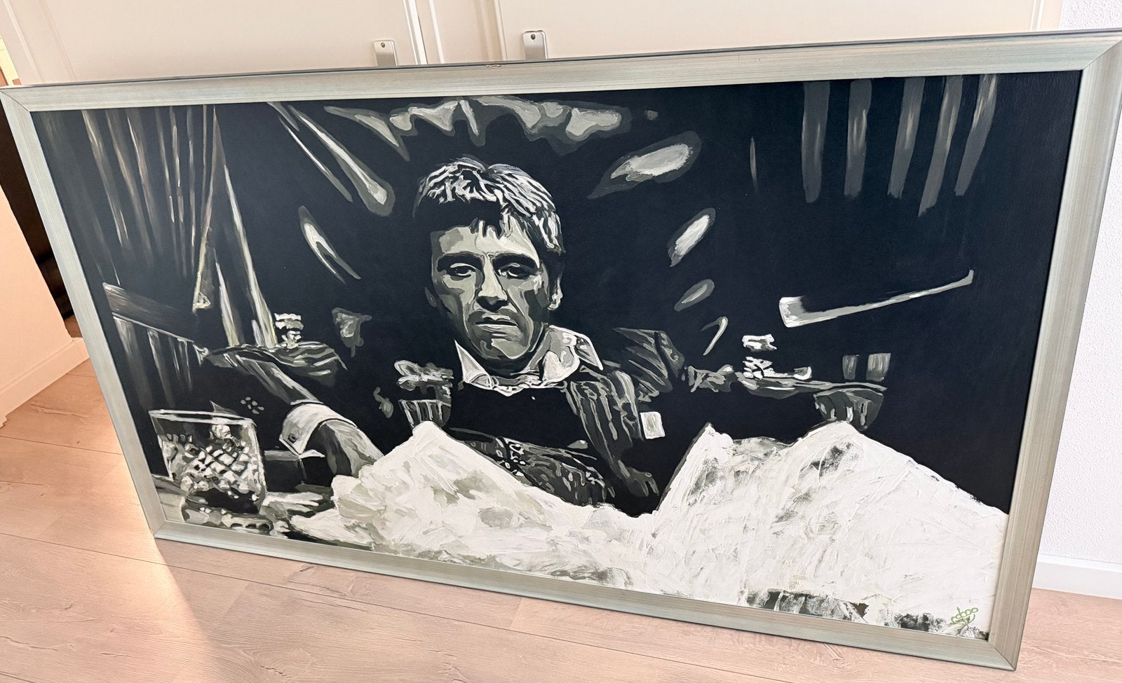 Gigantisch handgeschilderd Tony Montana(Scarface) schilderij, Doek, Portret of Personen, Realistisch, Ophalen of Verzenden