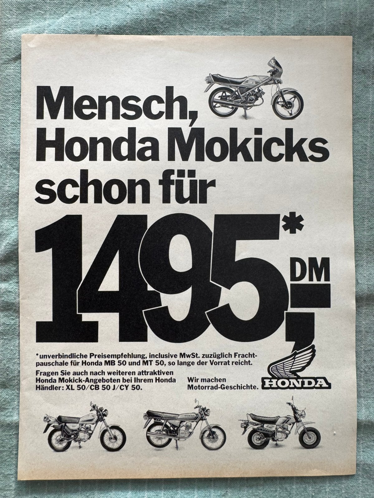 Advertentie met Honda CB50J XL50 MT50 en CY50, Verzamelen, Verzenden, Zo goed als nieuw, Motoren